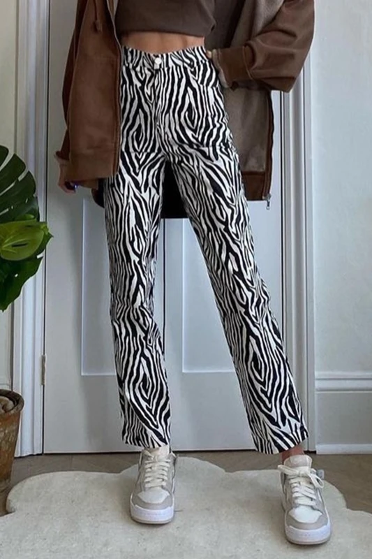 Брюки женские прямые в американском стиле черные с узором зебры тонкие