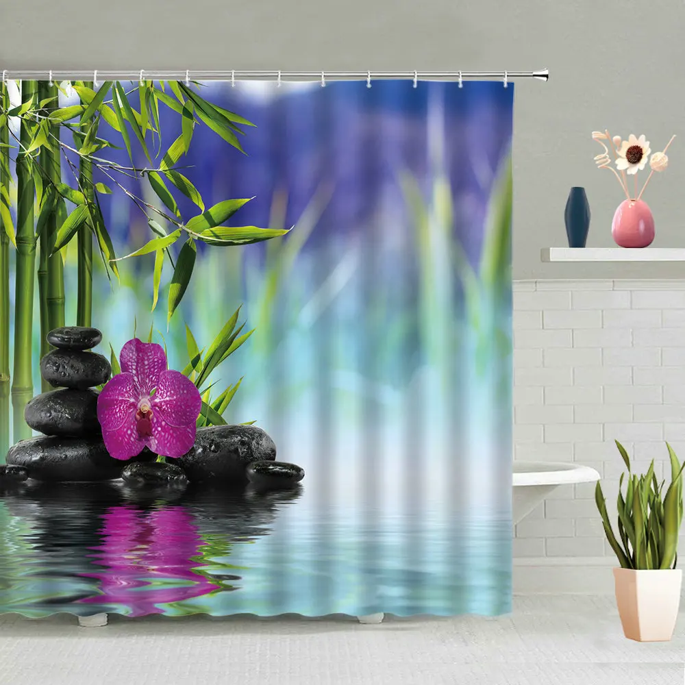 

Zen Stone Shower Curtain Set Green Bamboo Plants Pink Lotus Flowers Bathtub Decor Screen Washable With Hook Hanging Curtains