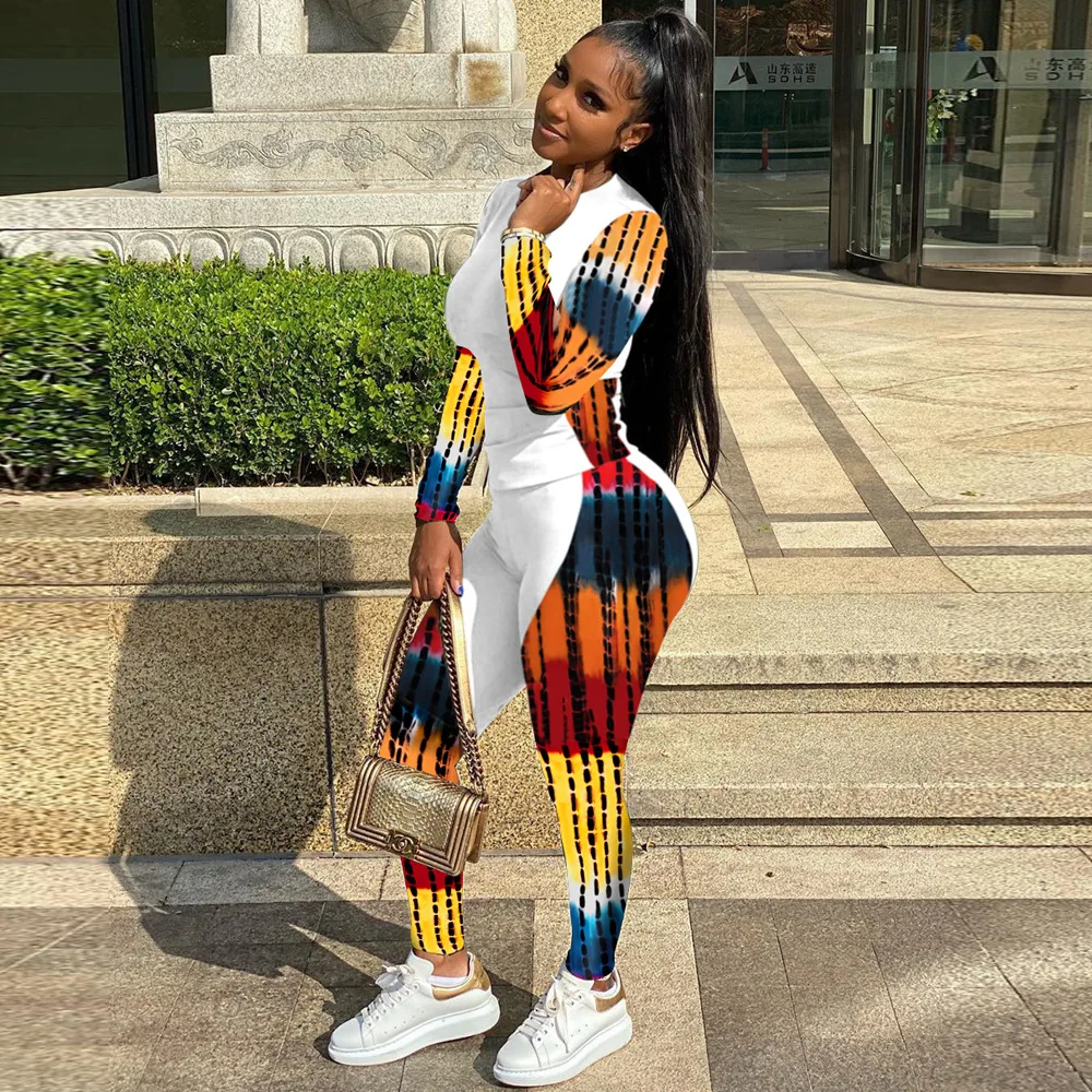 

Printed Long-sleeved T-shirt with Casual Pants Suit Patchwork Jogger Femme Tracksuit Sport Two Piece Women Set Drop Shipping