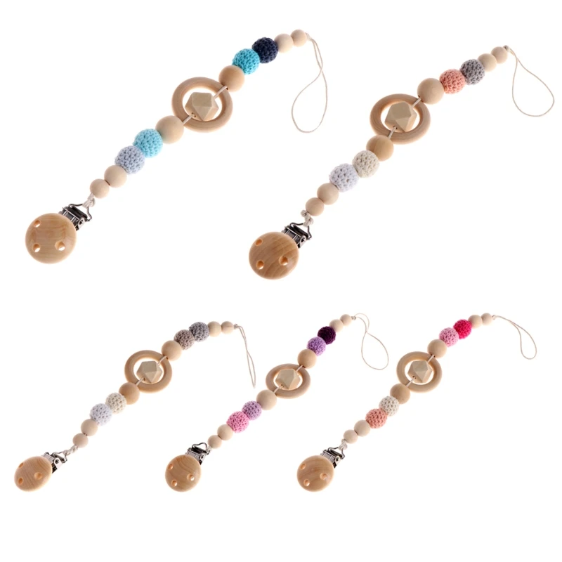 

2020 New Drop Ship Baby Kids Wooden Beaded Pacifier Holder Clip Nipple Teether Dummy Strap Chain