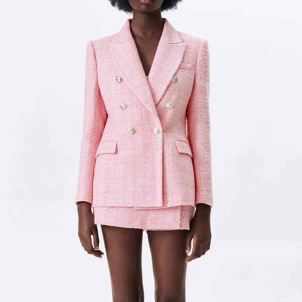 

New style women's jacket spring 2021 pink lapel long-sleeved double-breasted European and American style sub-textured blazer