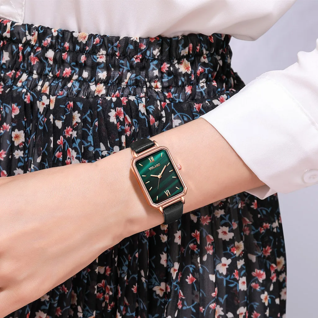 

2021 Luxury Women Rectangular Watch Fashion Green Glass Watch Waterproof Business Leather And Silicone Quartz Two Types Watches