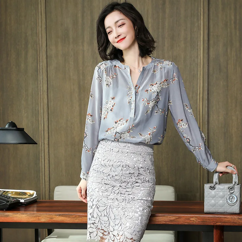 floral silk blouses ladies office sexy fashion casual sliver grey peach flower shirts tops 2019 summer women plus size free ship