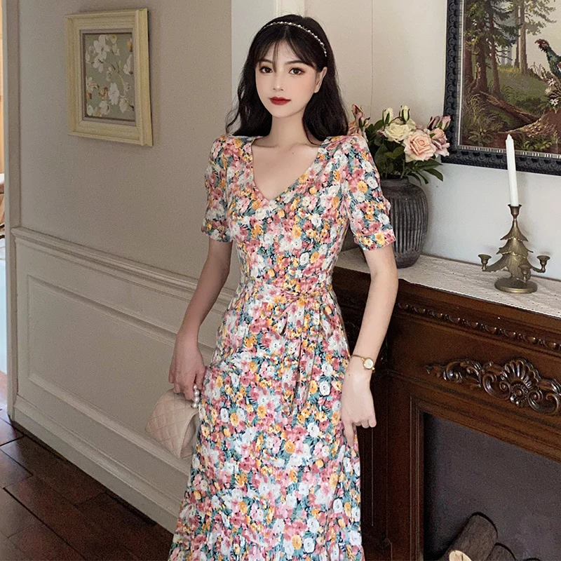 First love floral skirt long closed waist cultivate one's morality show thin chiffon v-neck fairy summer dress | Женская одежда