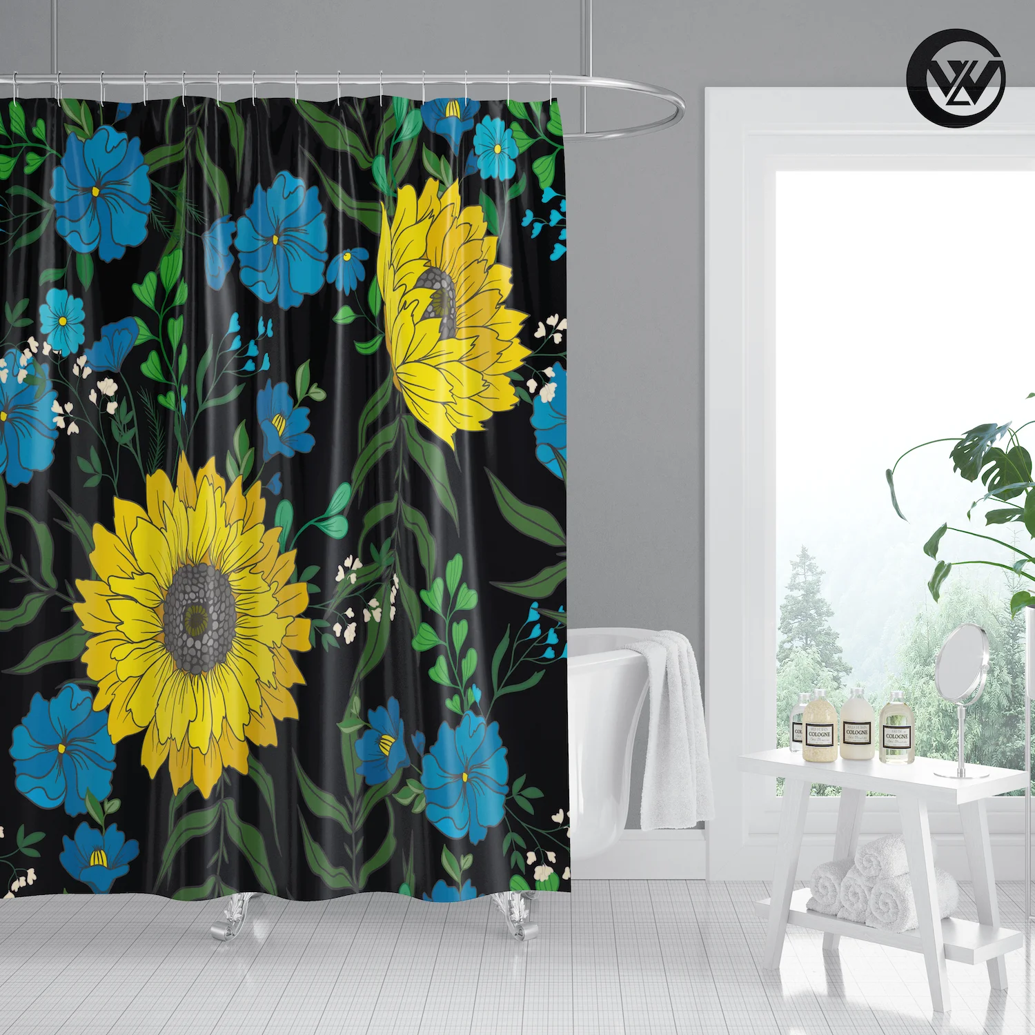 

Waterproof Sunflower Free Shipping Bathtub Shower Curtain, Eco Friendly Printing Flower Kids Home Black Bathroom Curtain/