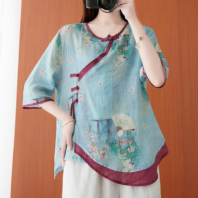 

2021 Summer Contrast Color Short Sleeve Shirt Female Large Size Loose Retro Button Irregular Hem Top