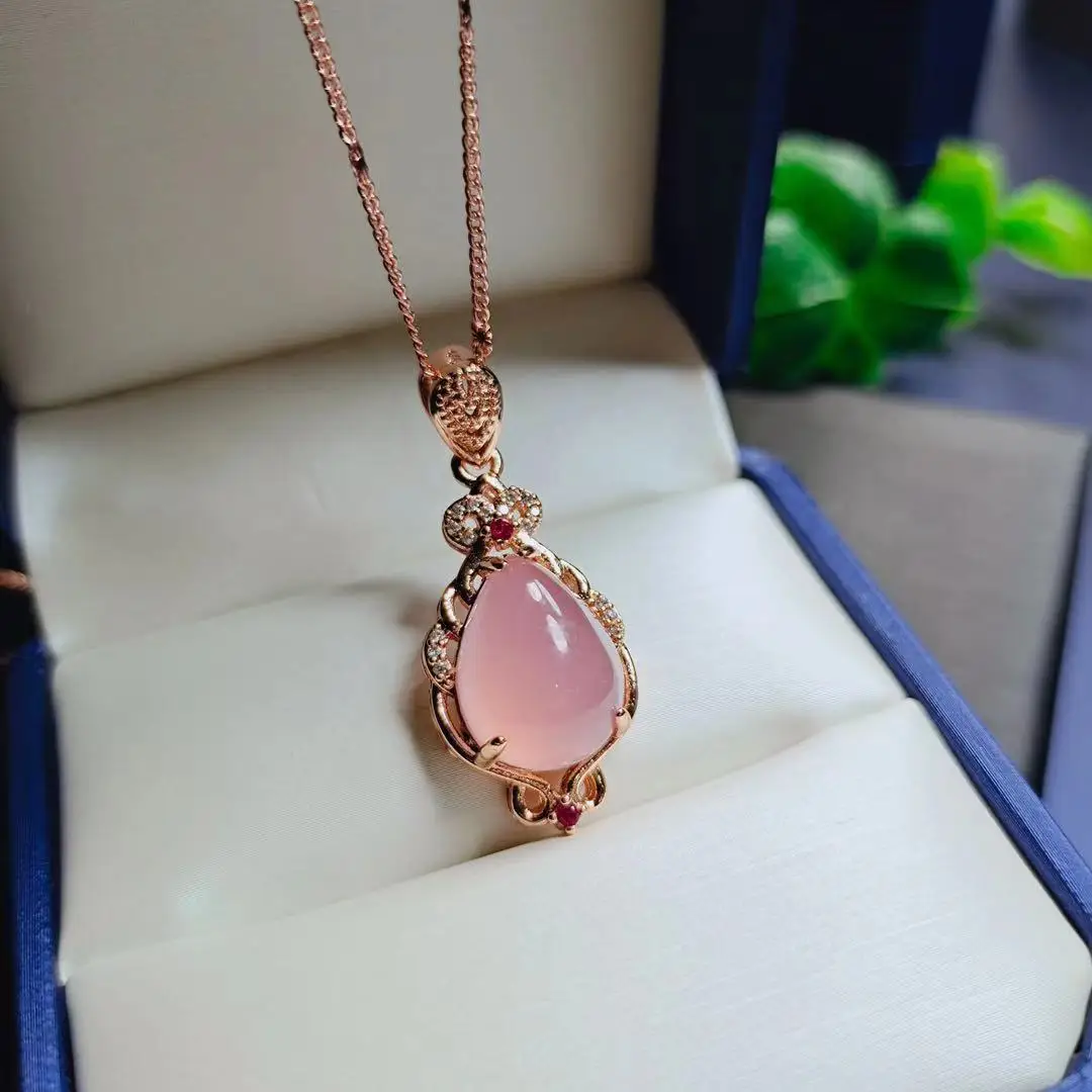 

Natural ice chalcedony inlaid 925 silver pendant necklace
