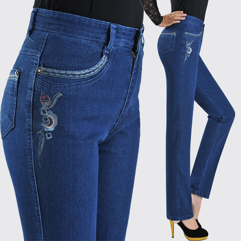 

New Fashion Casual Jeans Middle aged Women High waist Trousers Plus size Straight Pants Female Embroidery Elasticity Denim Pants