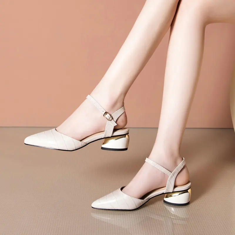 

Buckle Genuine Leather Pointed Toe Sandals For Women Sweet Newest Strange Heels Pumps Summer Party Wedding Shoes Woman
