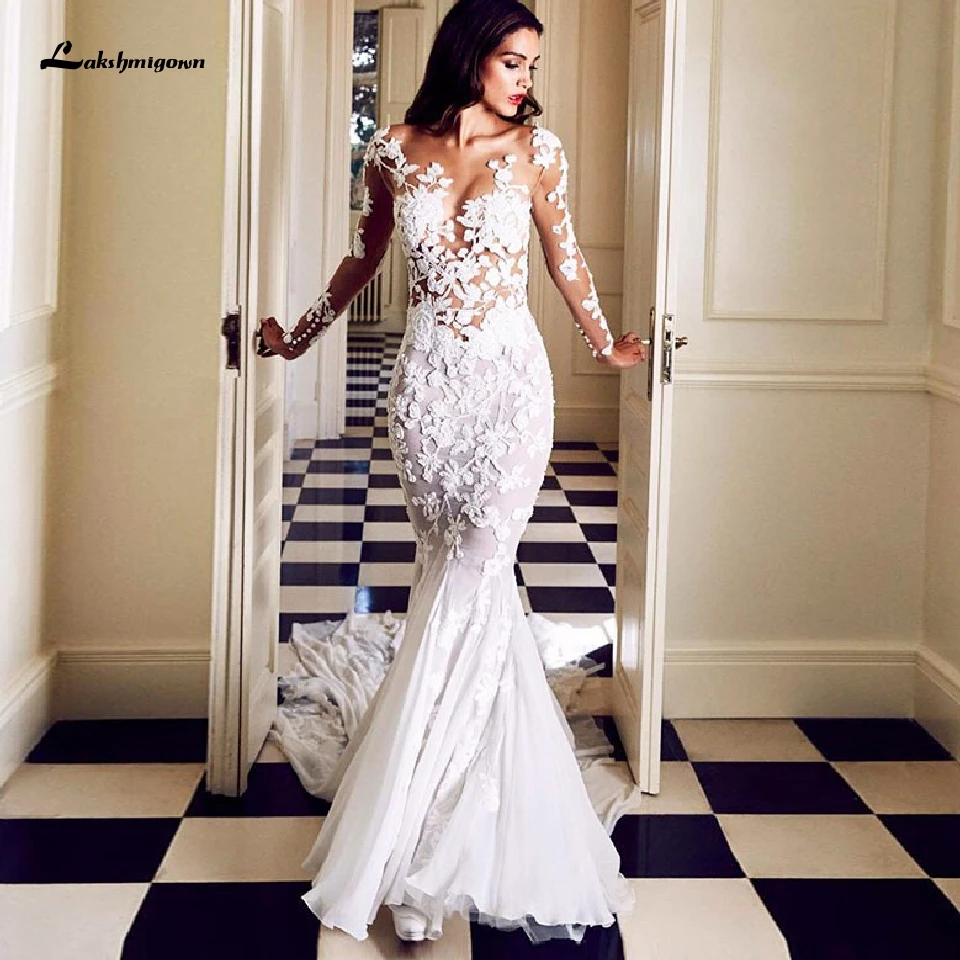 Сексуальные женские кружевные свадебные платья русалки с длинным рукавом