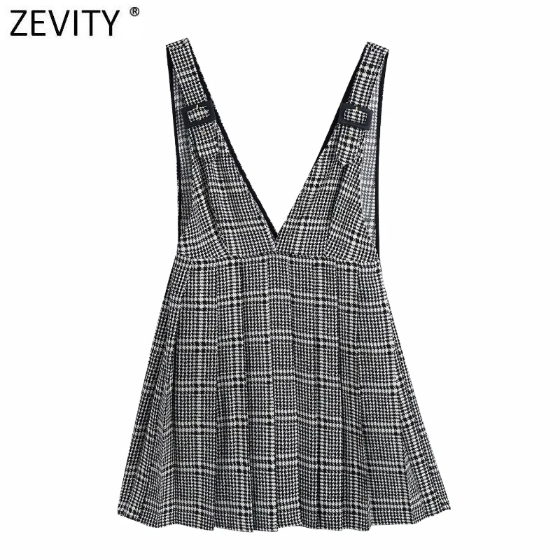 

Zevity Women Vintage Houndstooth Print Suspender Skirt Faldas Mujer Female Side Zipper Chic Party Vestido Brand Skirts DS5000