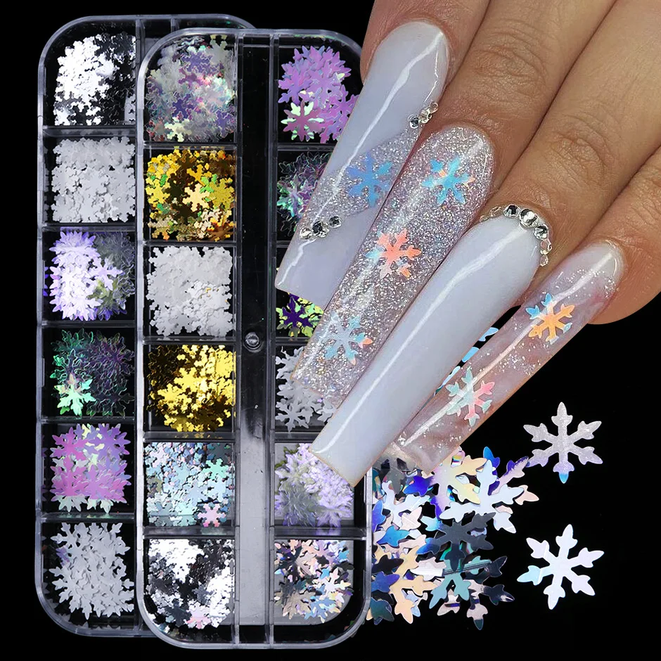 

Winter Christmas Glitter Nail Art 12 Grids Snowflake Nail Sequins 3D Laser Mirror Shiny Slices Nail Supplies for Professionals