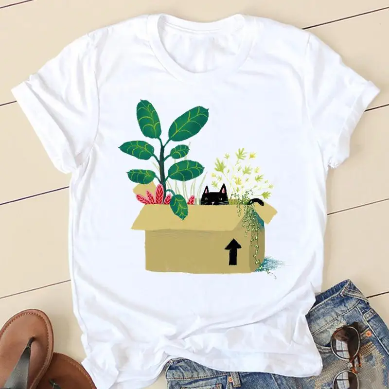

Women T-shirts Female T Tee 90s Cat Lovely Plant Cute Cartoon Clothes Short Sleeve Fashion Lady Casual Shirt Graphic Tshirt Top