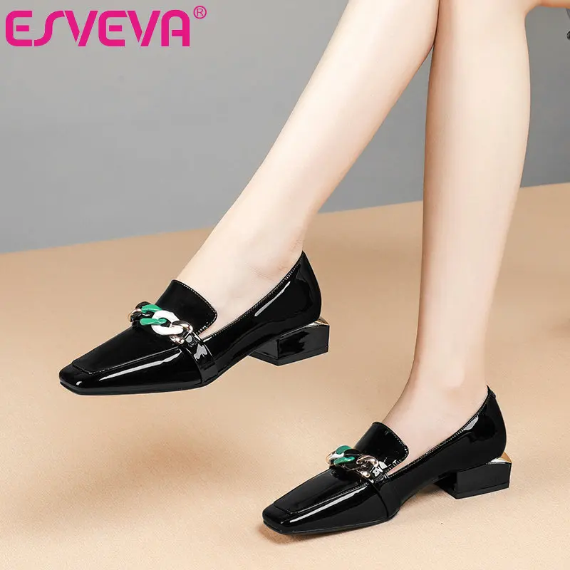 

ESVEVA 2021 Women Pumps Shoes Patent Leather +PU Square Low Heels Thick Heel Round Toe Fashion Shoes Women Casual Big Size 34-42