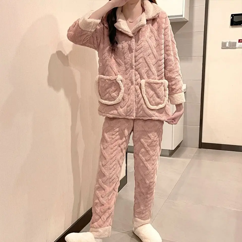 Coral Velvet Pajamas Women's Autumn and Winter Thickened Warm Sweet and Lovely Flannel Home Suit Winter  Pajamas for Women