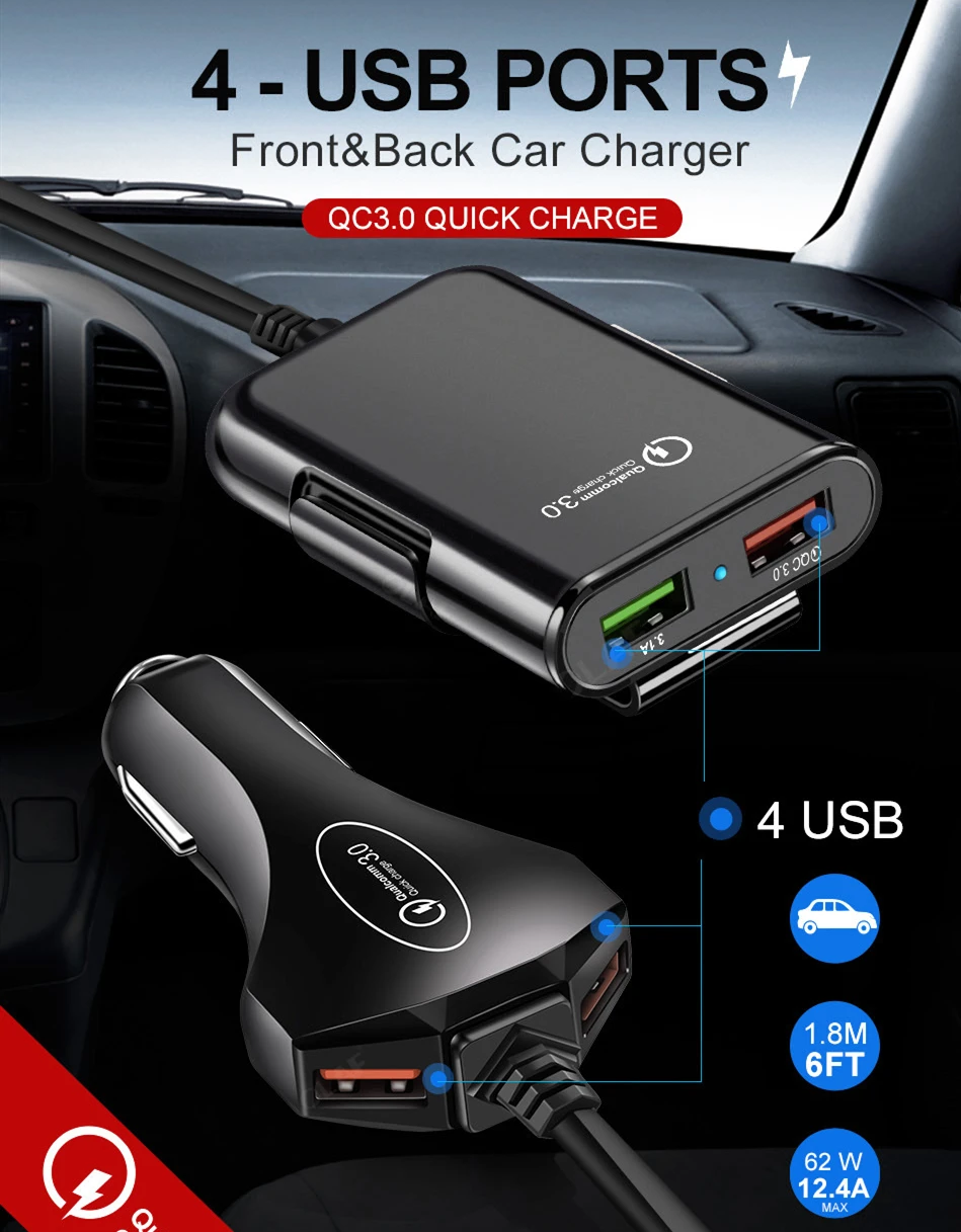 Быстрая зарядка 3 0 Автомобильное зарядное устройство 4 порта USB с 5.6ft удлинитель