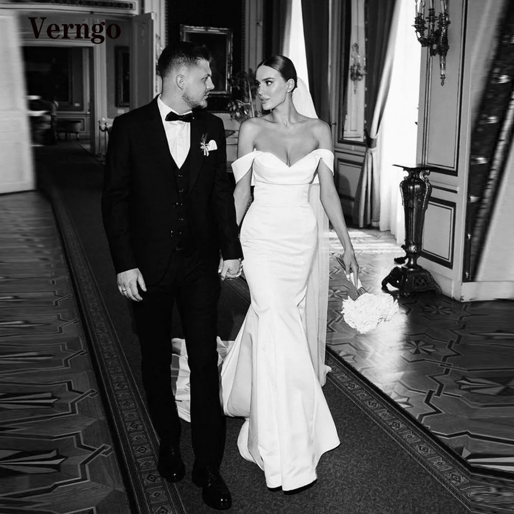 

Verngo Simple Satin Mermaid Wedding Dresses Off the Shoulder Sweetheart Sweep Train Bridal Dress Vestido de noiva Custom Made