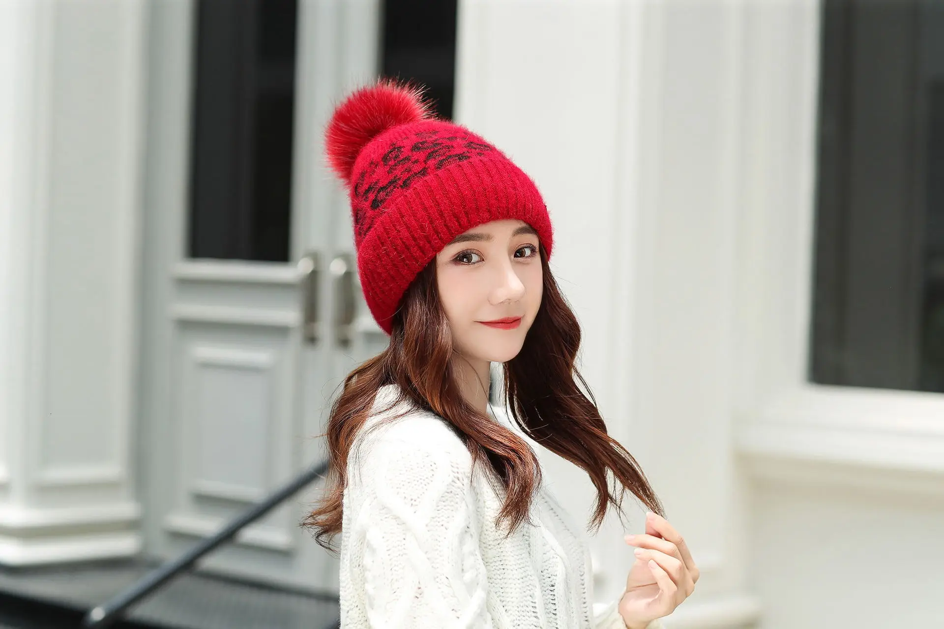Women Beanies Pom Poms Rabbit Hat Beanie Knitted Skullies Fashion Caps Ladies Knit Cap Winter Hats For Women