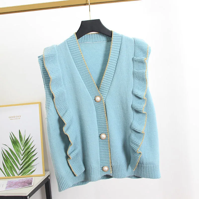 

Жилет женский вязаный с V-образным вырезом и оборками