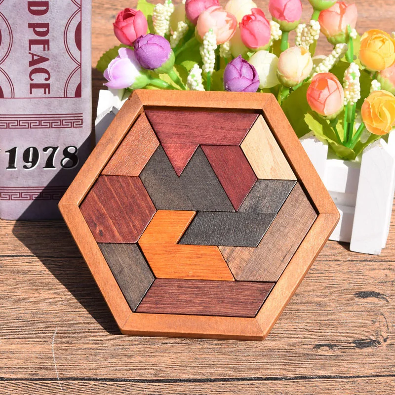 

Wooden shaped building blocks adult parent-child children wooden toys hexagonal three-dimensional puzzle Huarong Road digital