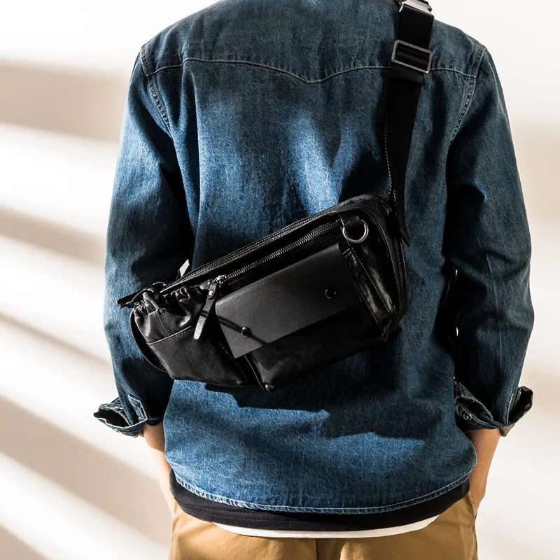 Simple casual first layer cowhide men black multi-pocket chest bag for teenagers daily outdoor sports shoulder messenger bag