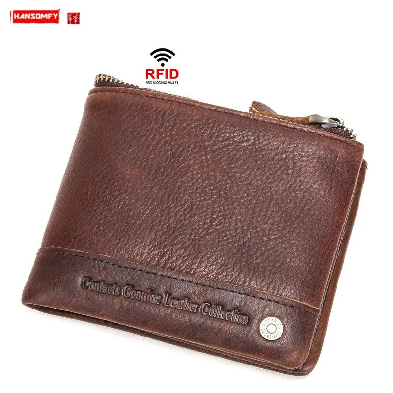 

Новый кожаный мужской кошелек Crazy Horse, Воловья кожа, RFID Краденый и Матовый держатель для карт, короткие кошельки, мужские маленькие кошельки ...