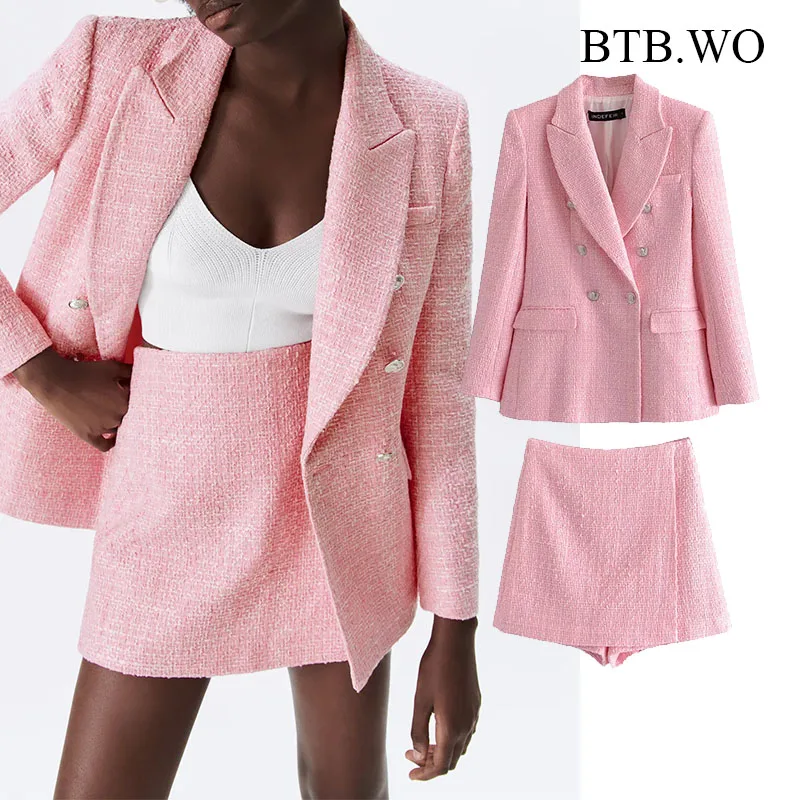 

BTB.WO Za женский комплект из 2 предметов английский стиль двубортный розовый твидовый шерстяной пиджак пальто и юбка с высокой талией шорты ср...