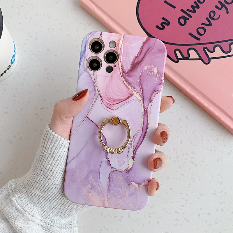 

Luxury Marble Ring Stand Phone Case For iPhone 12 11 Pro XR XS Max Mini 7 8 Plus SE2 Color Camera Protection Soft Silicone Cover