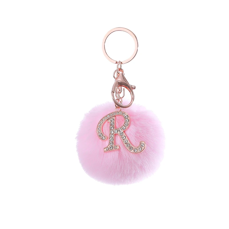 TEH Fluffy Pink Pompom Faux Rabbit Fur Ball Keychains Crystal Letters Key Rings Holder Trendy Jewelry Bag Accessories Gift | Украшения и
