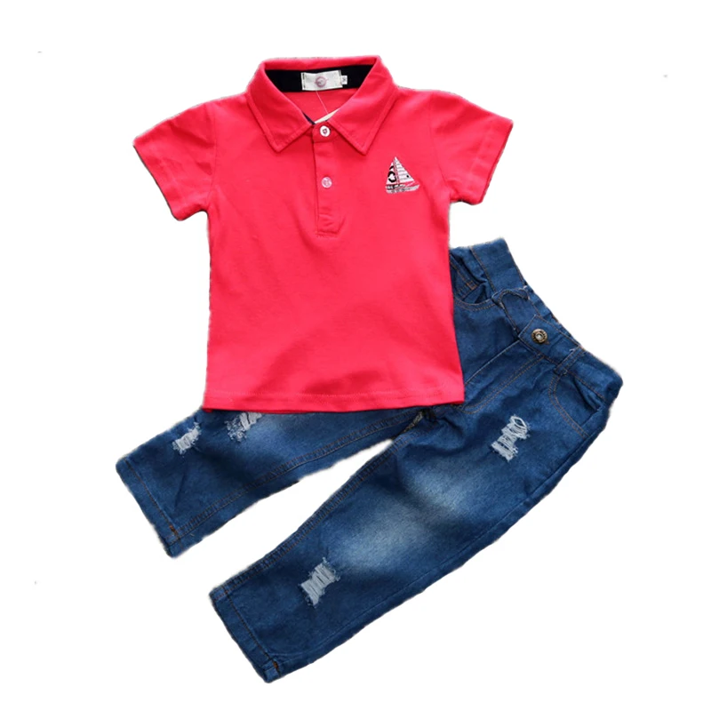 

Baby Boy Clothing Sets 2017 Summer Short Sleeve Red T-shirts+Hole Jeans Children's Tops Tees Kids Boys Brand Clothes Set