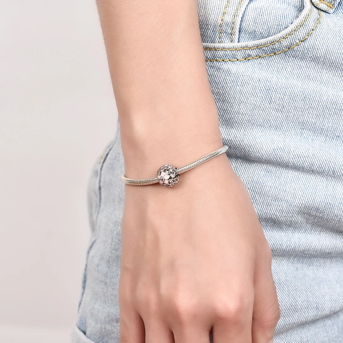 Женский браслет из серебра 925 пробы с розовым фианитом|Бусины| |