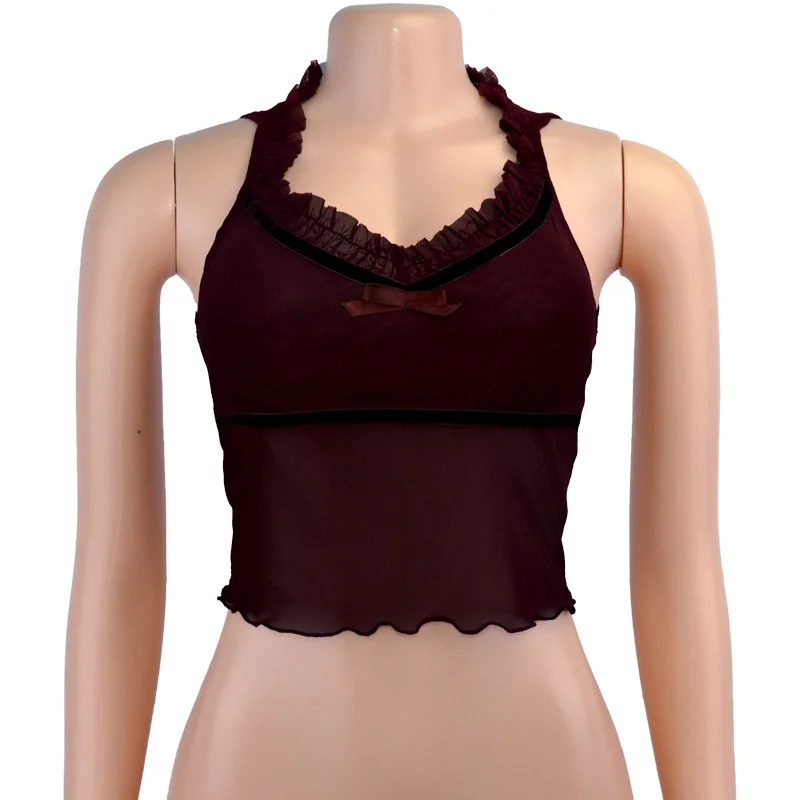 

2020 sexy slim bottomed tank top with pleated net chest strap