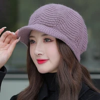 ht3774 new thick warm winter hat women fleece lined knitted hat lady fashion octagonal newsboy cap female rabbit fur hat berets