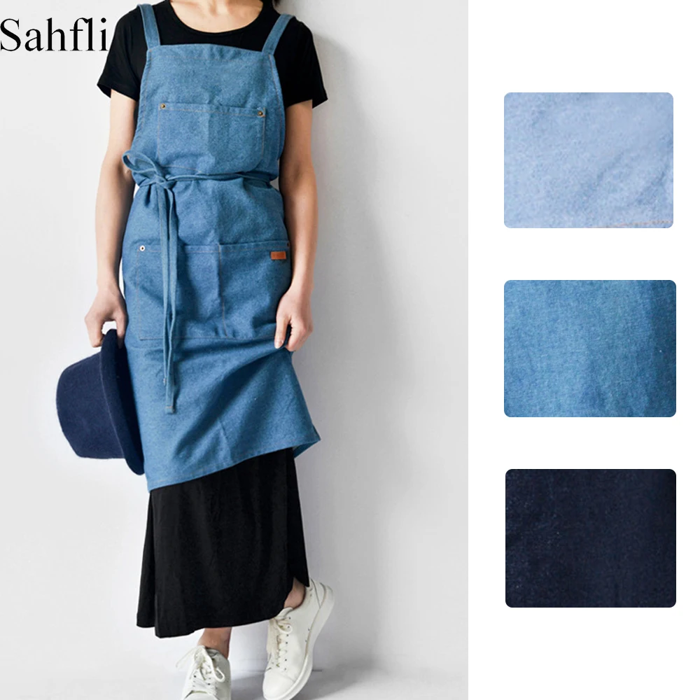 

Long Aprons Adjustable Housekeeping Denim Apron with Pockets Antifouling Household Cooking Sleeveless Clothing for Women Men