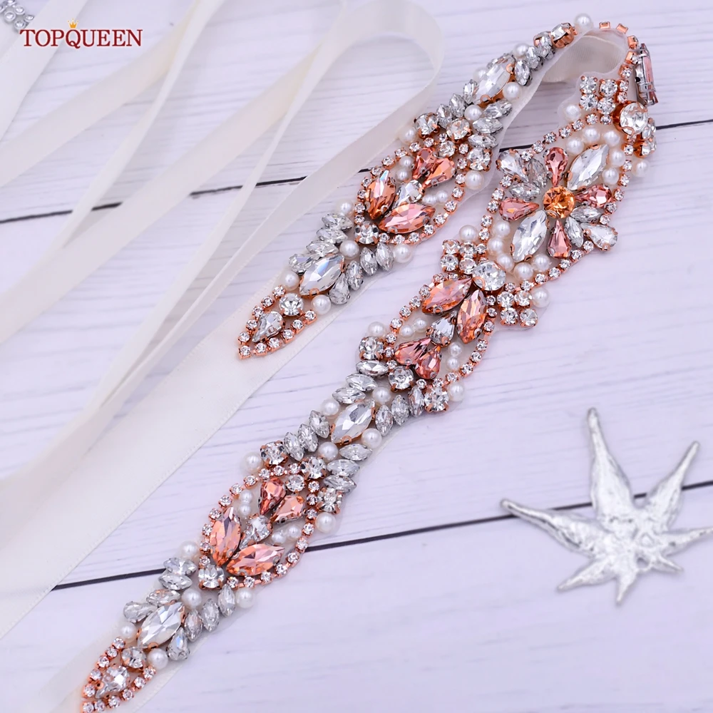 

TOPQUEEN S442-RG Wedding Dress Belt Bride Bridal Rose Gold Rhinestones Applique Formal Gown Bridesmaid Women Decoration Sash