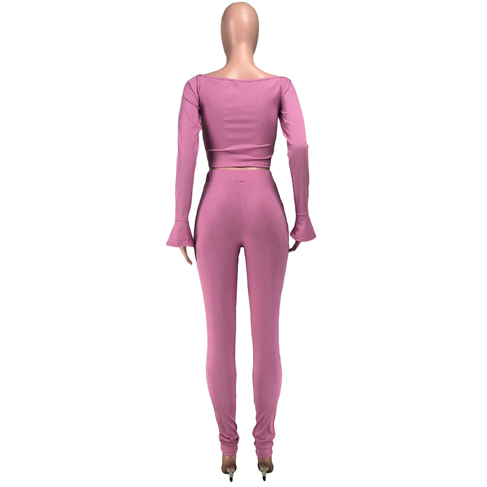 

Elastic Hight Ribbed Knitted Outfits Women's Sets Ruched Drawstring Crop Top and Slim Fit Legging Sweatsuits Fall Winter Clothes