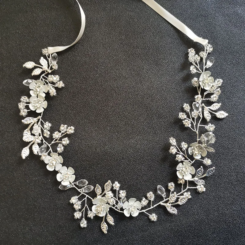 

SLBRIDAL Handmade Silver Color Crystal Rhinestones Pearl Flower Leaf Wedding Hair Jewelry Bridal Hair Accessories Women Headband