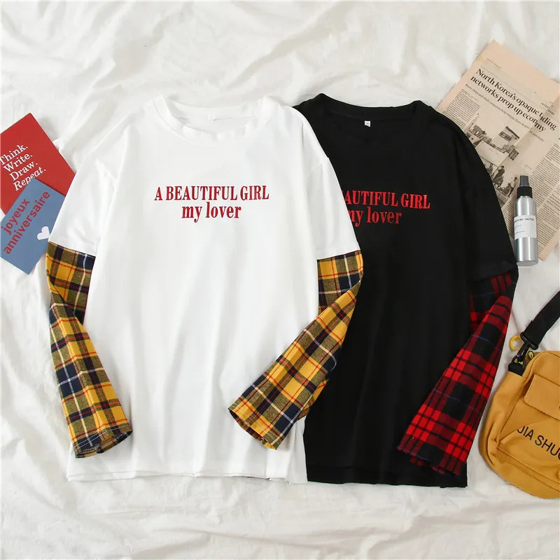 Женская футболка с буквенным принтом, Harajuku Kawaii Ulzzang, топы, уличная одежда, 2 штуки, клетчатые рукава, футболка для друзей, Femme