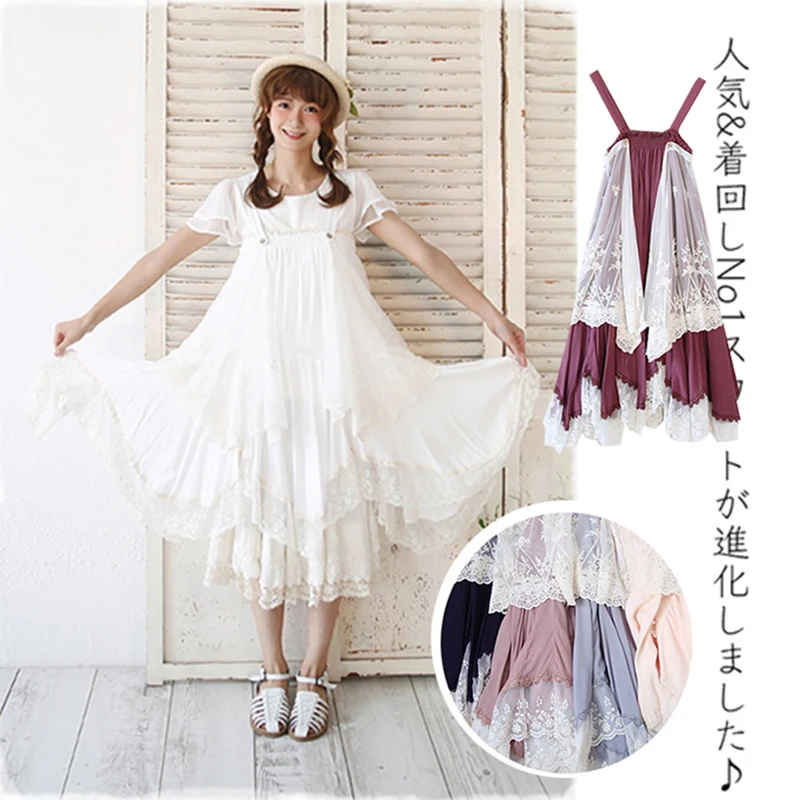 

Harajuku Japanese Mori Girl Sweet Lolita Dress Women Asymmetrical Underdress Cotton Floral Lace Embroidery Female Vestido Dress