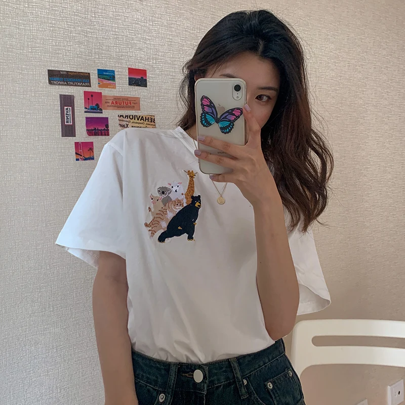 Футболка с короткими рукавами из 100% хлопка тяжелой промышленностью вышивкой