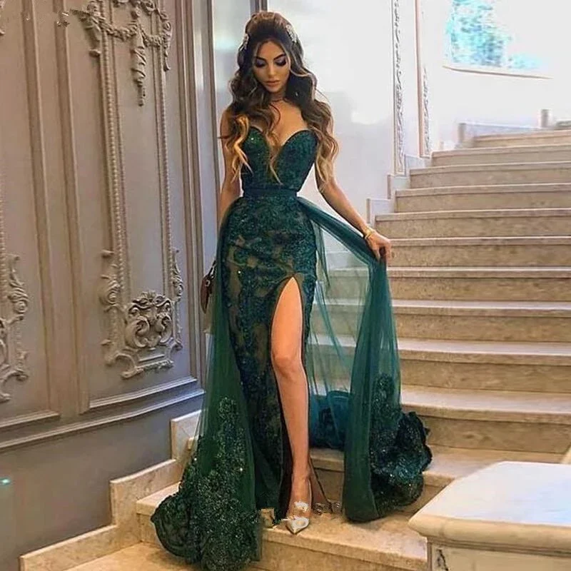 

Green Mermaid Evening Dresses Sweetheart Appliques Detachable Train Dubai Special Occasion Formal Girl Prom robes de soirée