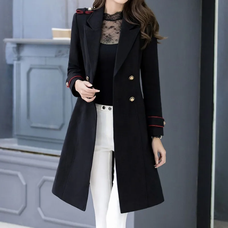 Элегантное двубортное шерстяное пальто для женщин корейский стиль Тонкий Бизнес