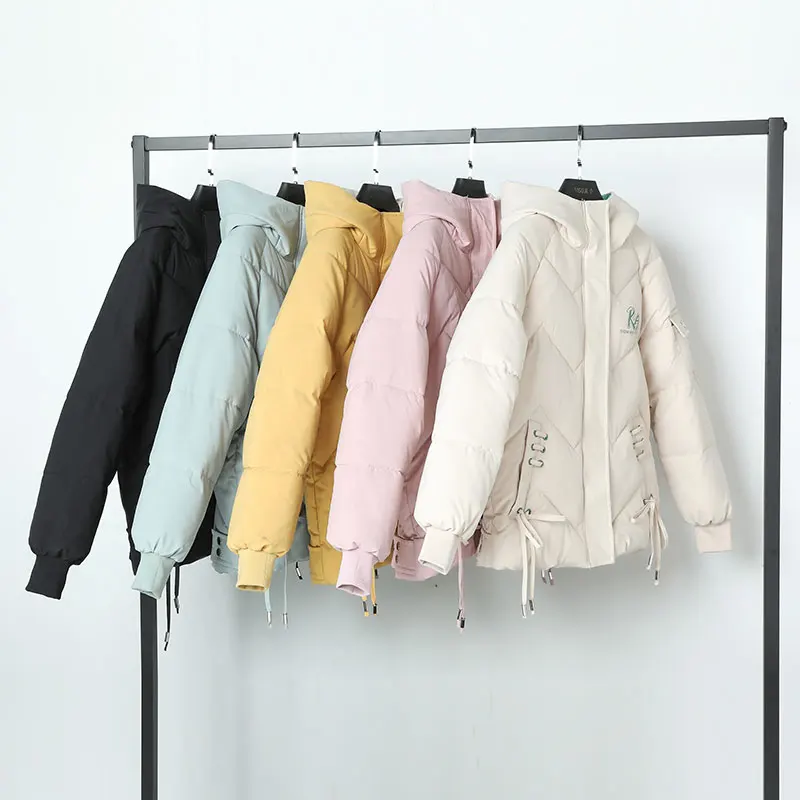 

2020 Short Hooded Parka Coat Fashion Letter Drawstring Winter Jacket Women 2020 New Warm Adjustable Waist Office Lady Parkas