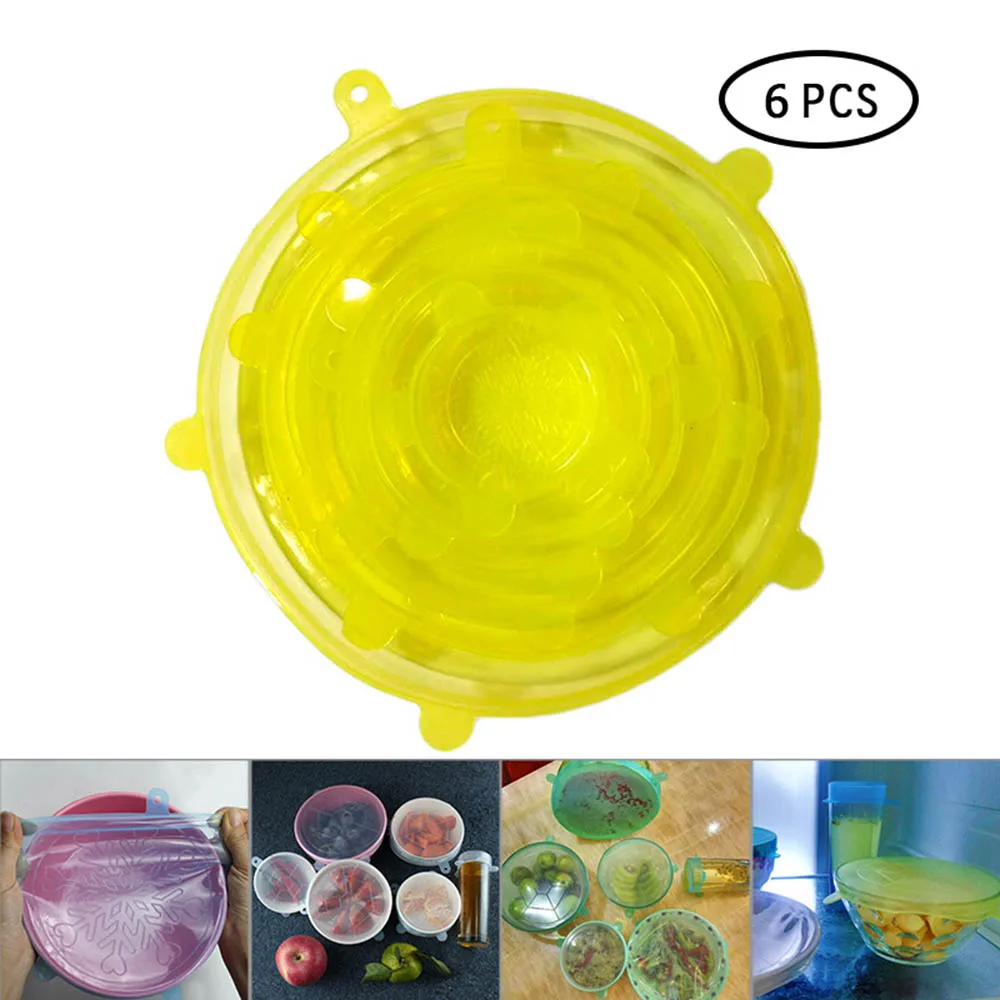 Yellow Крышки для сохранения свежести 6 шт силиконовые крышки растягивающиеся крышки для емкость кухонные аксессуары многоразовые свежести - Color: Yellow