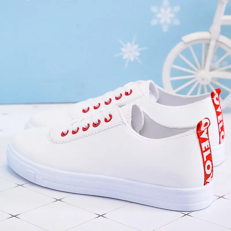 

Women's Shoes Lace-up White Shoes PU Breathable Vulcanized Sports Shoes Flat Casual Shoes Outdoor Non-slip Running Shoes 2021