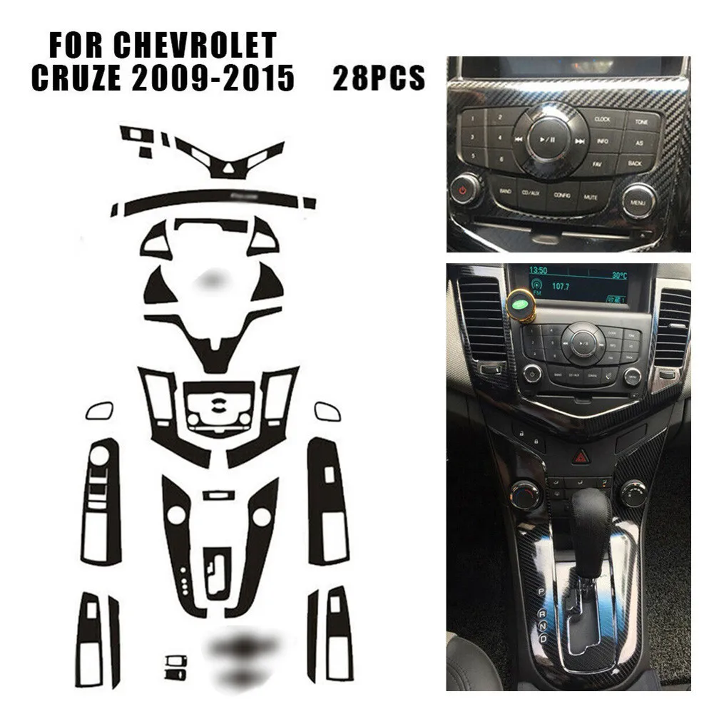 

28pcs Car Interior Panel Dashboard Sticker Set Fits For Chevrolet Cruze 2009-2015 Black Glossy Carbon Fiber Decoration Car