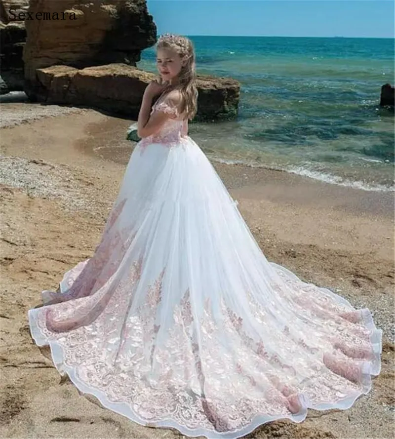 New Flower Girl Dresses Pink Lace Appliques with Long Train Princess First Communion Dress Custom Made | Детская одежда и обувь