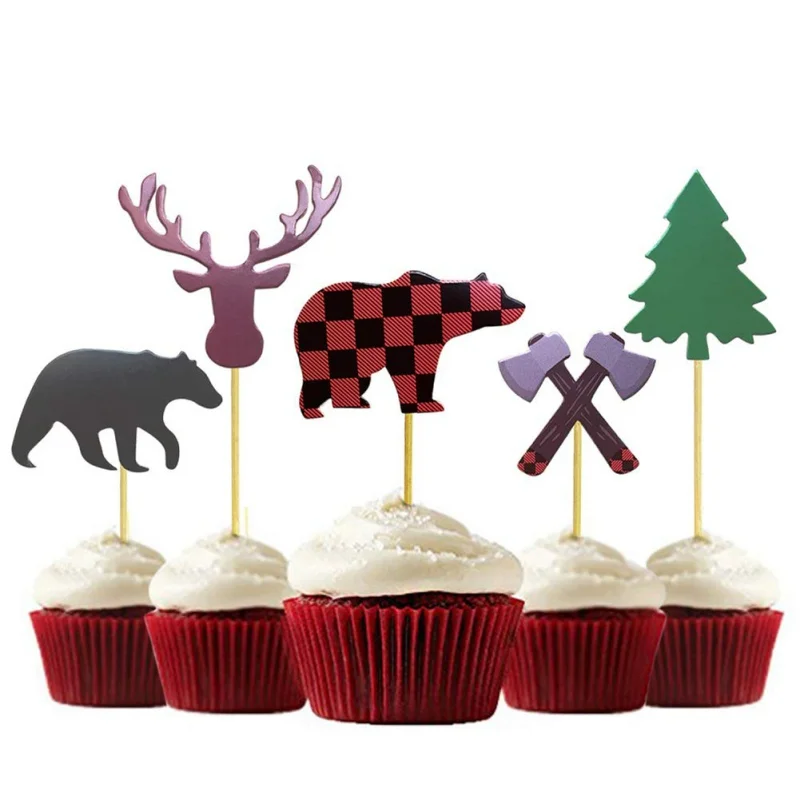 Топперы для кексов Buffalo Plaid Baby Bear Tree Топпер для кексов для костра Дровосек вечерние принадлежности для украшения торта на день рождения