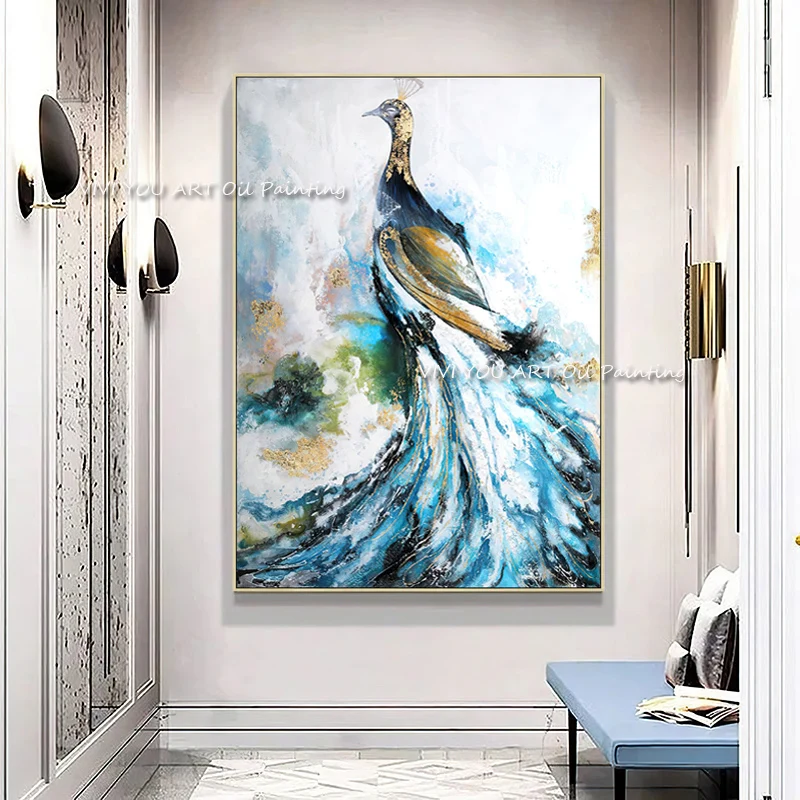 

The Top Selling Animal Peacock Original Abstract Modern Blue Thick Oil Painting Handpainted Textured Brush Wall Best Drawings