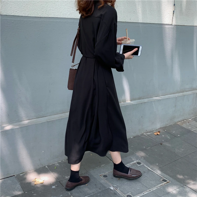 Осеннее платье 2019 женское однотонное шифоновое длинное повседневное с v-образным